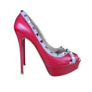 Valentino Garavani Rockstud Red Platform Peep Toe Heels Pumps Size 39
